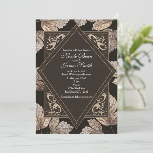 Donkerbruine & bronzen bladeren rustieke herfst ui kaart (Staand voorkant)