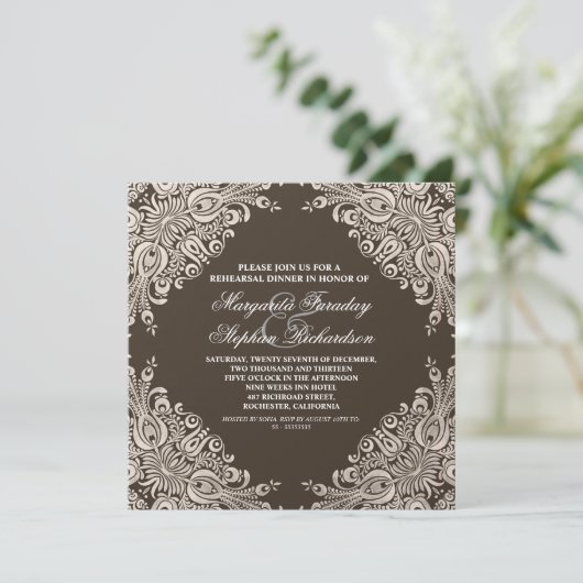 Donkerbruine Damask repetitie Diner Uitnodigen Kaart (Staand voorkant)