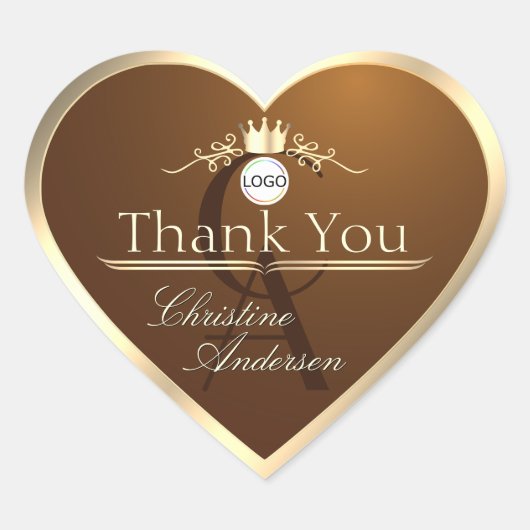 Donkerbruine gouden lijst met logo monogram bedank hart sticker (Voorkant)