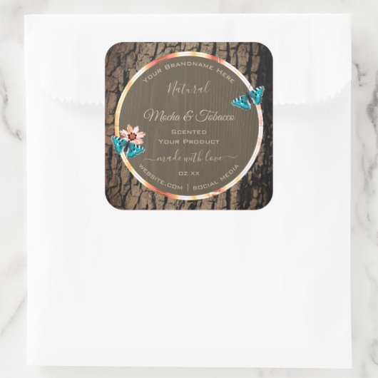 Donkerbruine houten korrels, vlekvaten vierkante sticker (Tas)