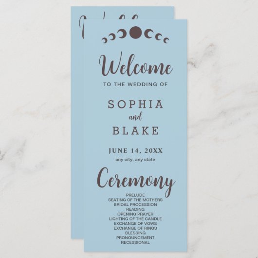 Donkerbruine Maan Phases Blauw Huwelijksprogramma (Voorkant / Achterkant)