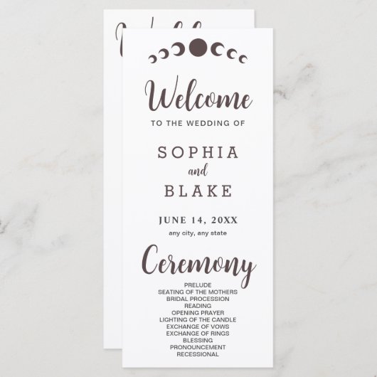 Donkerbruine Maan Phases Wit Huwelijksprogramma (Voorkant / Achterkant)