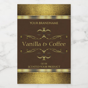Donkerbruine productlabels met gouden glinster ran voedselcontainer etiket