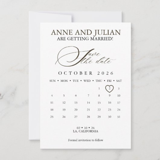 Donkerbruine Save the date kaart kalender & foto (Voorkant)