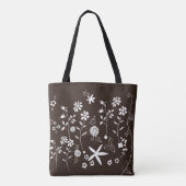 Donkerbruine zak met witte bloemen tote bag (Achterkant)