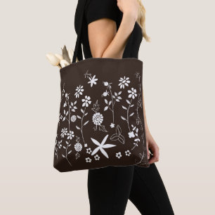 Donkerbruine zak met witte bloemen tote bag