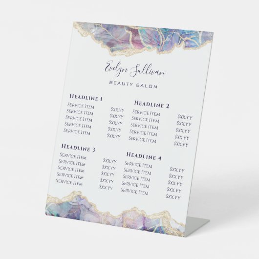 Donkerbruine zalonprijslijst voetafdruk reclamebord met voetstuk (Voorkant)