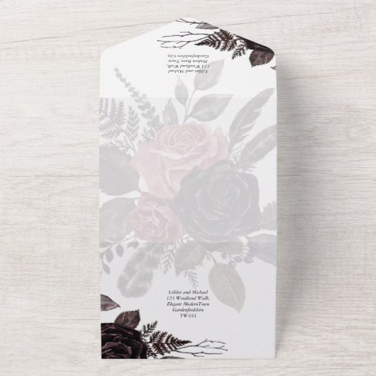 Donkerbruine zwarte Rozen bruiloft Herfst winter All In One Uitnodiging (Buitenkant)