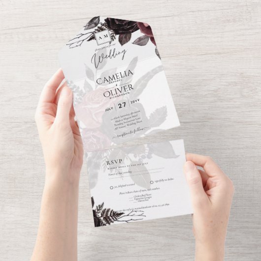 Donkerbruine zwarte Rozen bruiloft Herfst winter All In One Uitnodiging (Afscheurbaar)