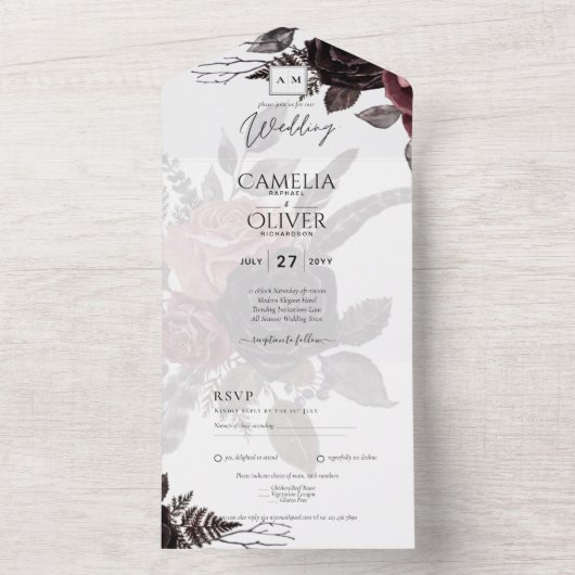 Donkerbruine zwarte Rozen bruiloft Herfst winter All In One Uitnodiging (Binnen)