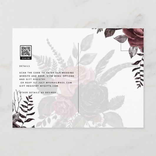 Donkerbruine zwarte Rozen bruiloft Herfst winter Briefkaart (Achterkant)