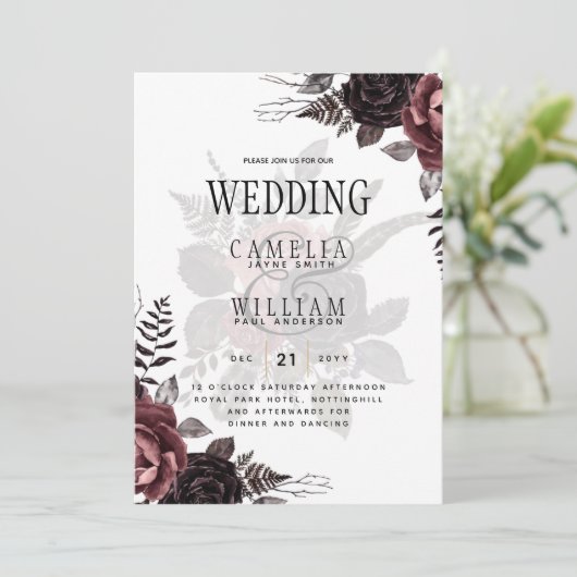 Donkerbruine zwarte Rozen bruiloft Herfst winter Kaart (Staand voorkant)