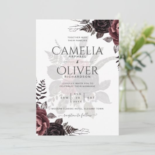 Donkerbruine zwarte Rozen bruiloft Herfst winter Kaart (Staand voorkant)