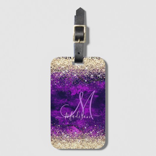 donkerdonker paars goudfaux glitter monogram bagagelabel (Voorkant (verticaal))