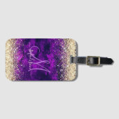 donkerdonker paars goudfaux glitter monogram bagagelabel (Voorkant (horizontaal))