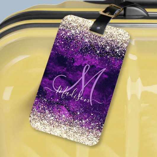 donkerdonker paars goudfaux glitter monogram bagagelabel
