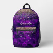 donkerdonker paars goudfaux glitter monogram bedrukte rugzak (Voorkant)