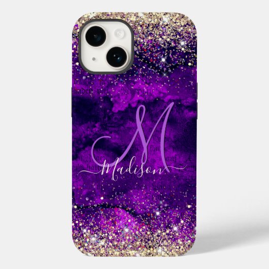 donkerdonker paars goudfaux glitter monogram Case-Mate iPhone case (Achterkant)