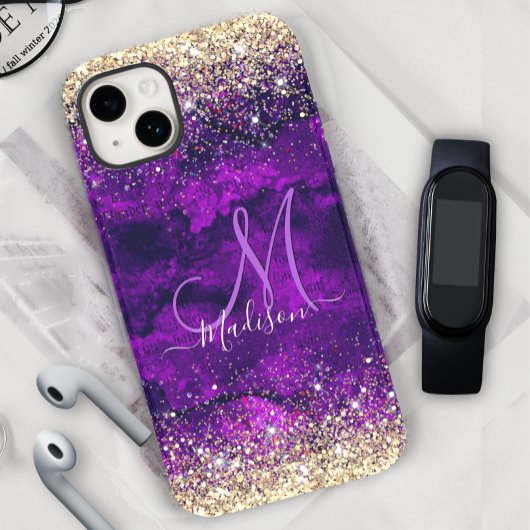 donkerdonker paars goudfaux glitter monogram Case-Mate iPhone case