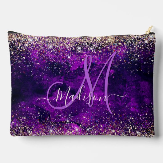 donkerdonker paars goudfaux glitter monogram etui (Achterkant)