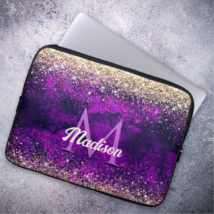 donkerdonker paars goudfaux glitter monogram laptop sleeve