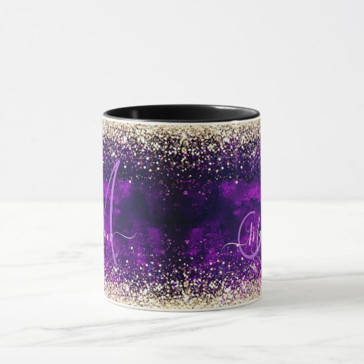 donkerdonker paars goudfaux glitter monogram mok (Midden)