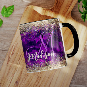 donkerdonker paars goudfaux glitter monogram mok