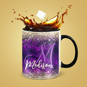 donkerdonker paars goudfaux glitter monogram mok