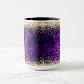 donkerdonker paars goudfaux glitter monogram mok (Midden)