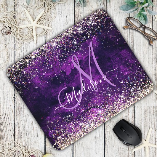 donkerdonker paars goudfaux glitter monogram muismat