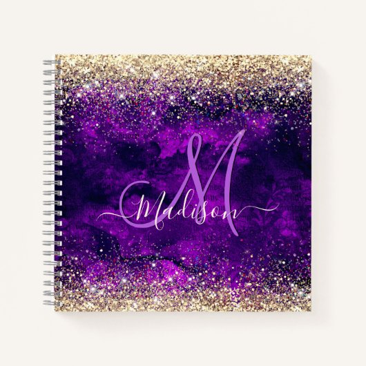 donkerdonker paars goudfaux glitter monogram notitieboek (Voorkant)