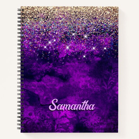 donkerdonker paars goudfaux glitter monogram notitieboek (Voorkant)
