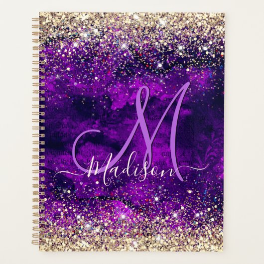 donkerdonker paars goudfaux glitter monogram planner (Voorkant)