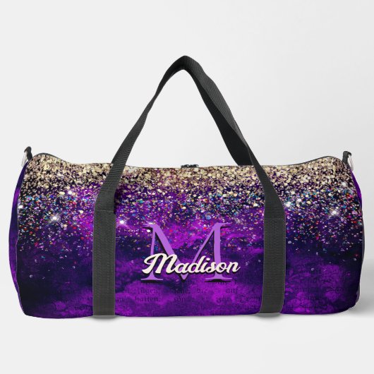 donkerdonker paars goudfaux glitter monogram plunjezak (Voorkant)