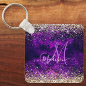 donkerdonker paars goudfaux glitter monogram sleutelhanger (Voorkant)