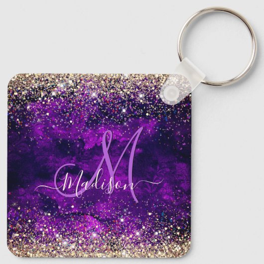 donkerdonker paars goudfaux glitter monogram sleutelhanger (Achterkant)