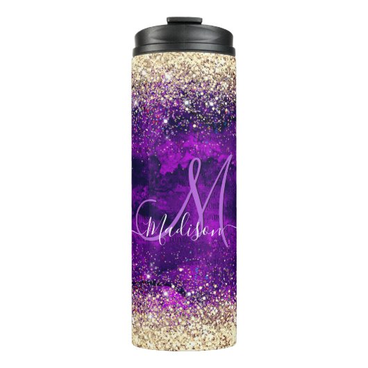 donkerdonker paars goudfaux glitter monogram thermosbeker (Voorkant)