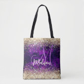 donkerdonker paars goudfaux glitter monogram tote bag (Voorkant)