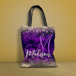 donkerdonker paars goudfaux glitter monogram tote bag