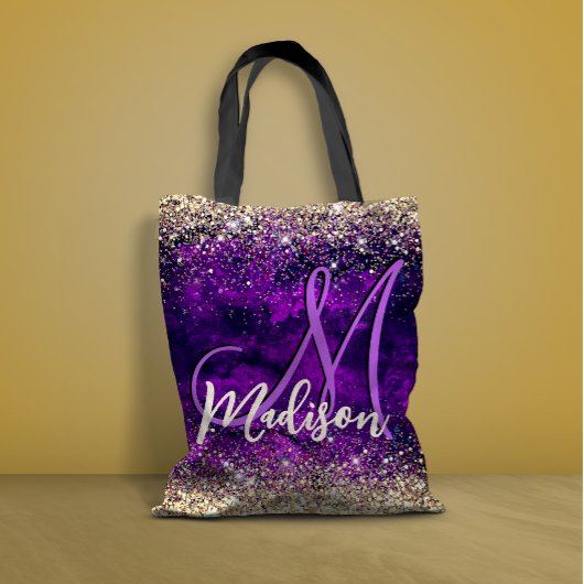 donkerdonker paars goudfaux glitter monogram tote bag