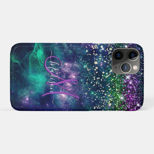 donkerdonkergroene paarse faux glitter monogram Case-Mate iPhone case (Achterkant (horizontaal))