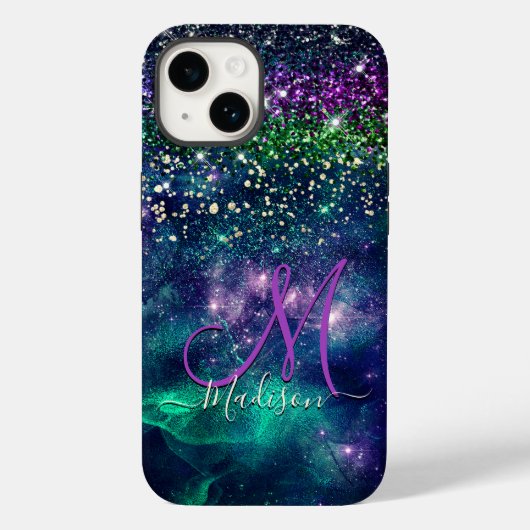 donkerdonkergroene paarse faux glitter monogram Case-Mate iPhone case (Achterkant)
