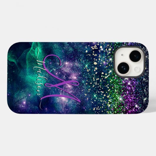 donkerdonkergroene paarse faux glitter monogram Case-Mate iPhone case (Achterkant (horizontaal))