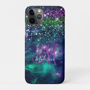 donkerdonkergroene paarse faux glitter monogram Case-Mate iPhone case