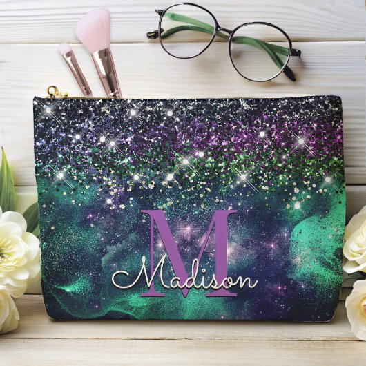 donkerdonkergroene paarse faux glitter monogram etui