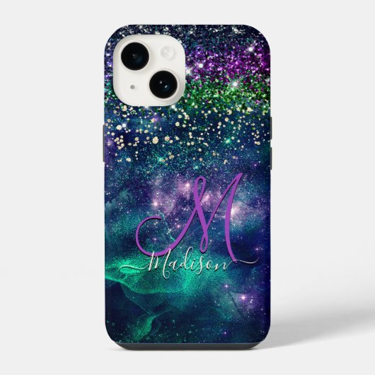 donkerdonkergroene paarse faux glitter monogram iPhone hoesje (Achterkant)