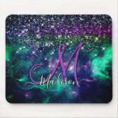 donkerdonkergroene paarse faux glitter monogram muismat (Voorkant)