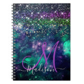 donkerdonkergroene paarse faux glitter monogram notitieboek (Voorkant)