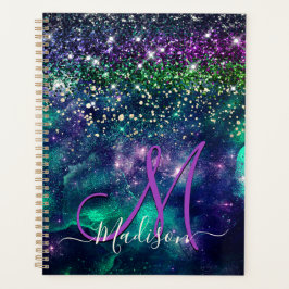 donkerdonkergroene paarse faux glitter monogram planner