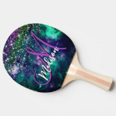 donkerdonkergroene paarse faux glitter monogram tafeltennisbatje (Zijkant)